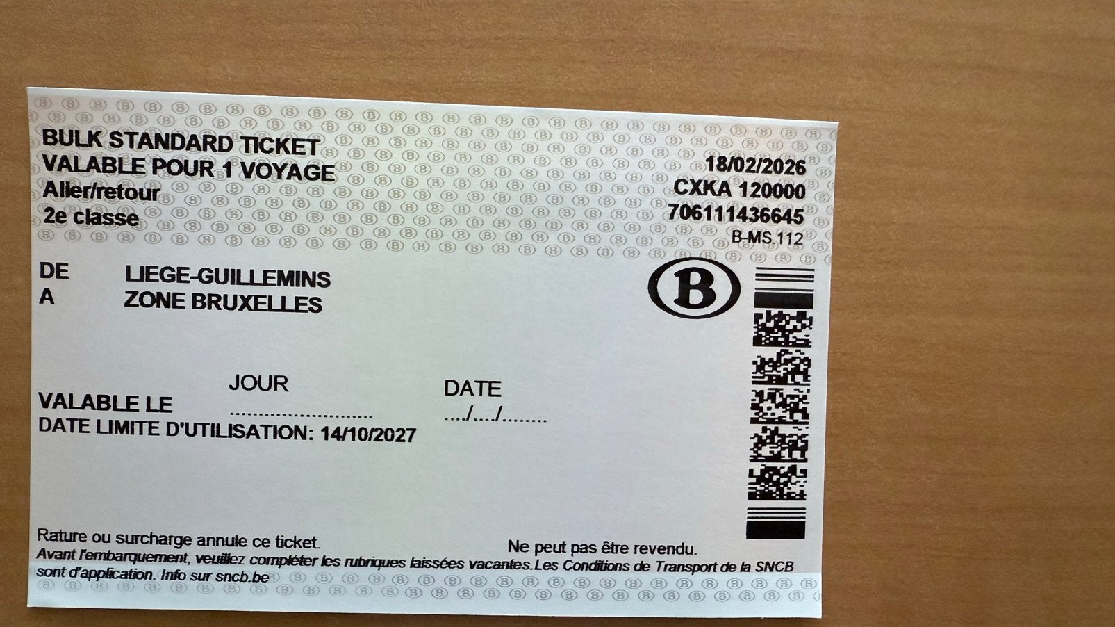 2 Billets SNCB aller-retour Liège-Guillemins  Bruxelles, Tickets & Billets, Deux personnes, Autres, Forfait, Autres types