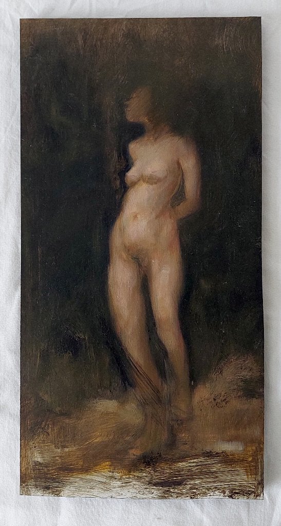 Schilderijtje van Staand Vrouwelijk Naakt - Olieverf, Portrait ou Personnes, Enlèvement ou Envoi, Peinture à l'huile, Signé