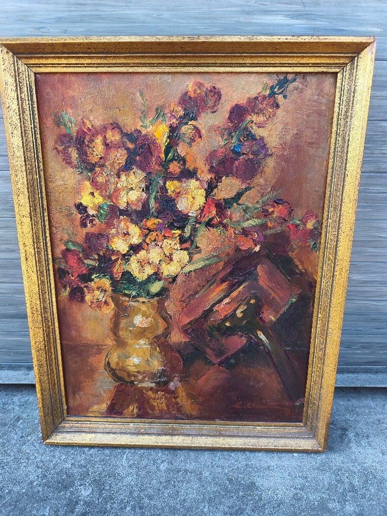 huile sur panneau nature morte aux fleurs signe leon arrotin, Antiquités & Art, Enlèvement ou Envoi, Fleurs, Panneau
