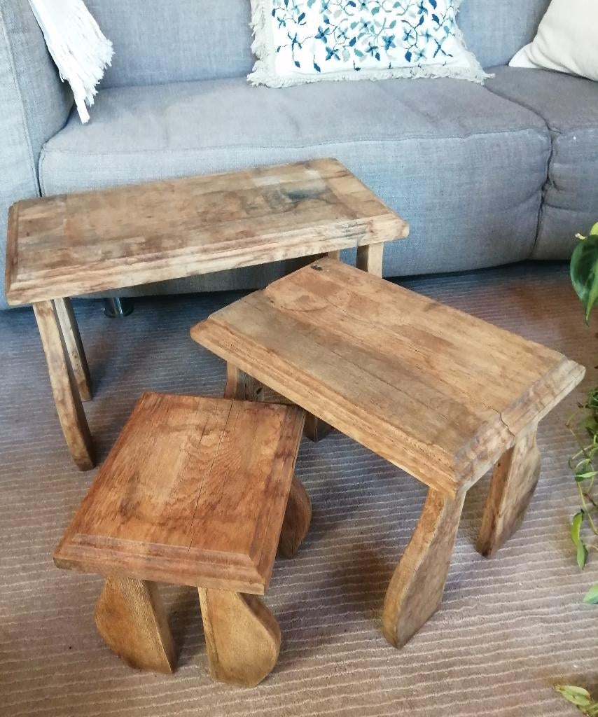 set van 3 bijzettafeltjes hout, Antiek en Kunst, Curiosa en Brocante, Ophalen