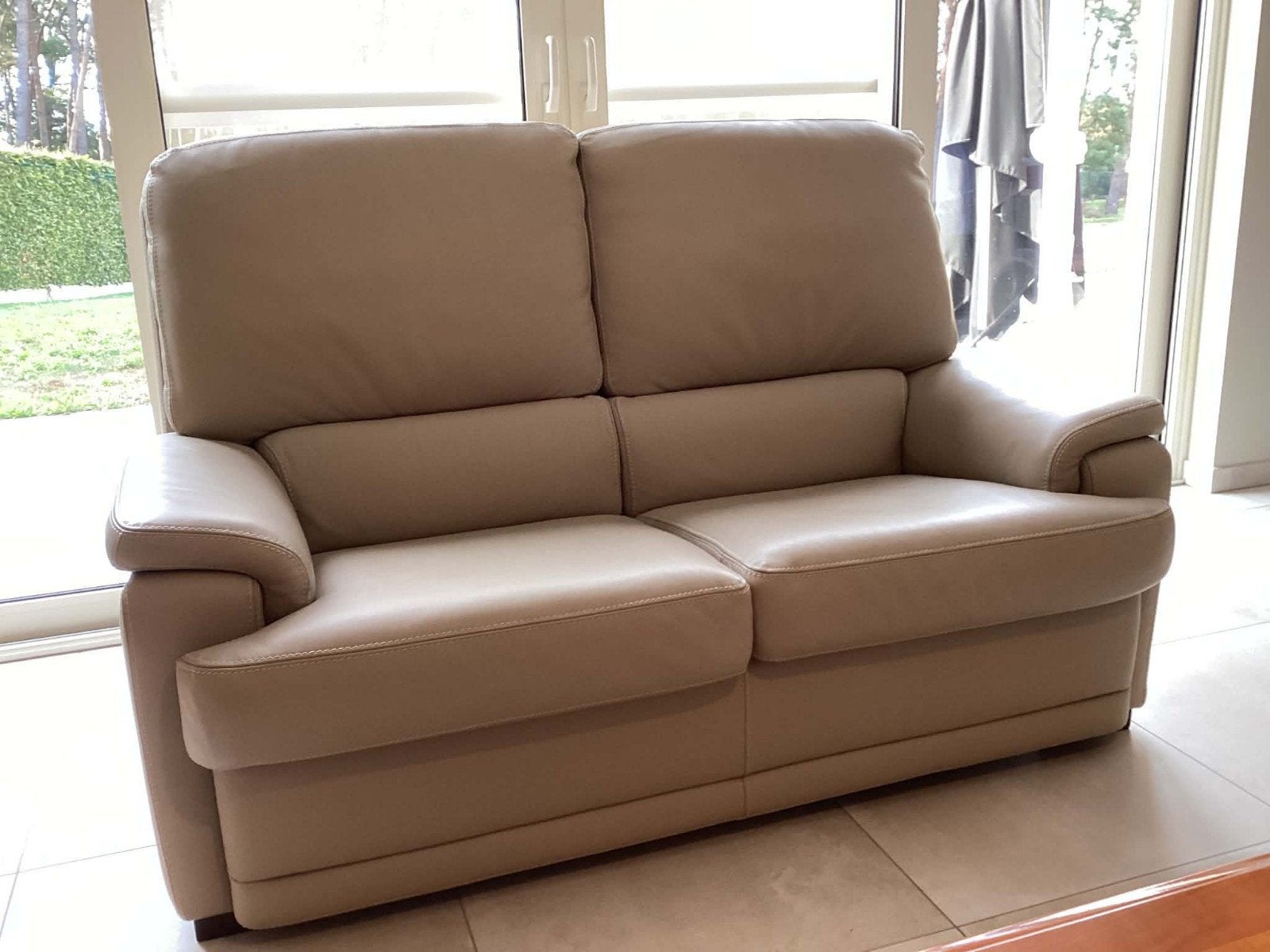salon 3/2/2x1zo goed als nieuw. Beige leder., Maison & Meubles, Enlèvement, Comme neuf, Cuir