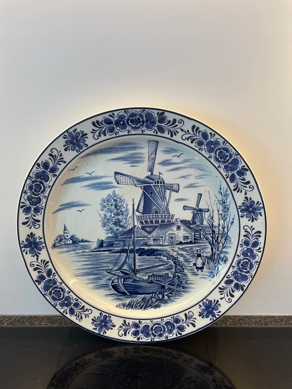 Grote Antieke Delfts Blauw ogend Wandbord (41,5 cm), Antiek en Kunst, Ophalen of Verzenden