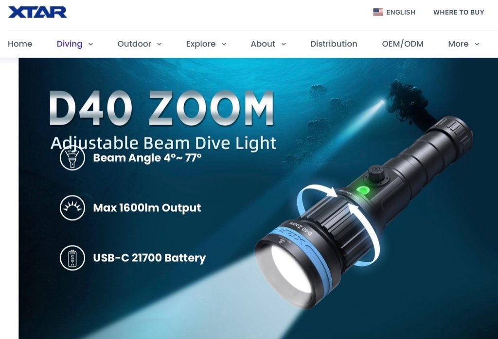 XTAR D40 Zoom (4 - 77 Beam) Max 1600L nieuw 139,95€, Ophalen of Verzenden, Nieuw, Duiklamp