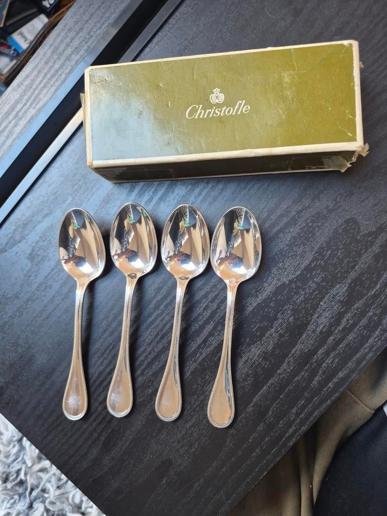 Lot de 4 cuillères à café Christofle (perle) avec écrin, Antiquités & Art, Enlèvement ou Envoi