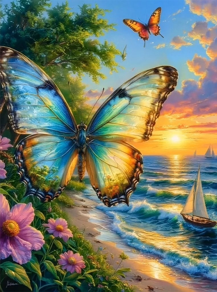 Peinture au diamant 40x30cm Papillons au bord d la mer n269, Neuf, Multicolore, Enlèvement ou Envoi, Autres matériaux