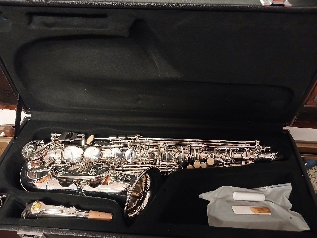 Silver Yamaha Custom Altosax, Ophalen, Nieuw, Alt, Met koffer