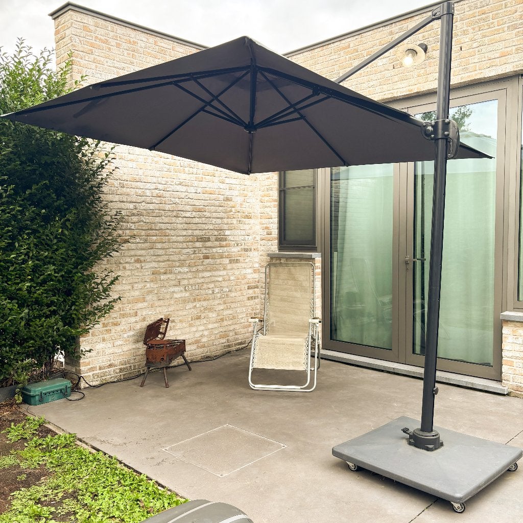 Exterioo Zweefparasol 270x270 met verrijdbare voet + hoes, Jardin & Terrasse, Parasols, Comme neuf, Parasol flottant, Enlèvement