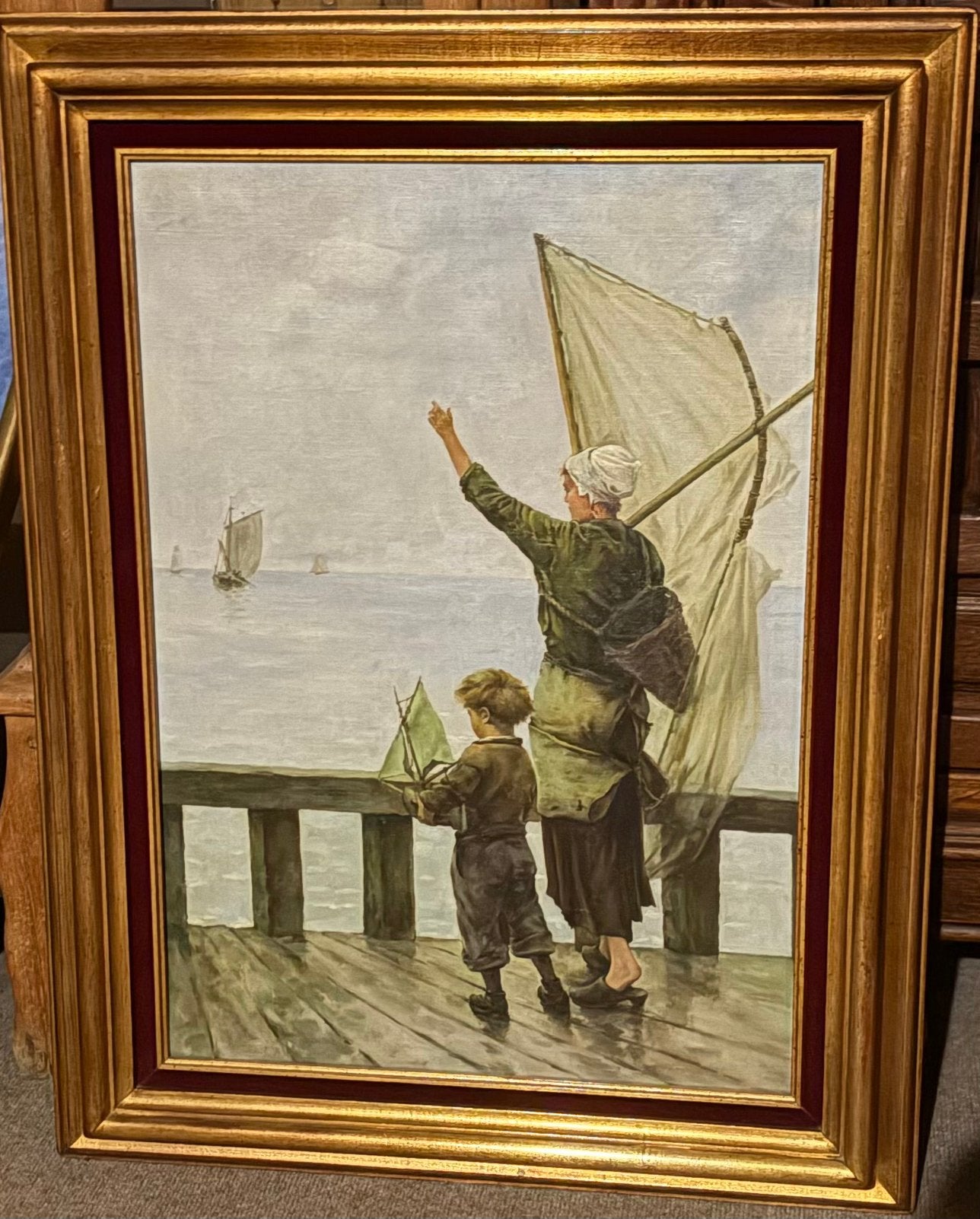 Schilderij vrouw en kind aan zee met zeilboot – 67  88 cm, Enlèvement, Classique