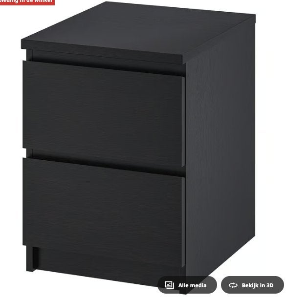2 x zwarte nachtkastjes met 2 lades -  Ikea MALM, Maison & Meubles, Armoires | Commodes, Utilisé, Moins de 100 cm, Moins de 50 cm