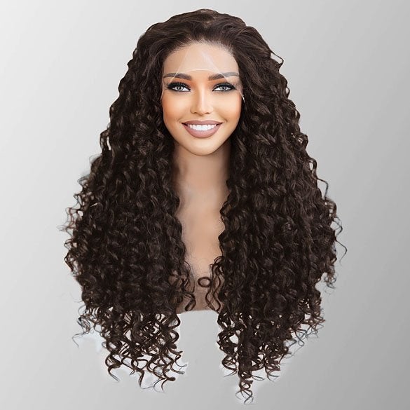 Swiss lace front pruik lang bruin haar met spiraalkrullen Wi, Ophalen of Verzenden, Nieuw