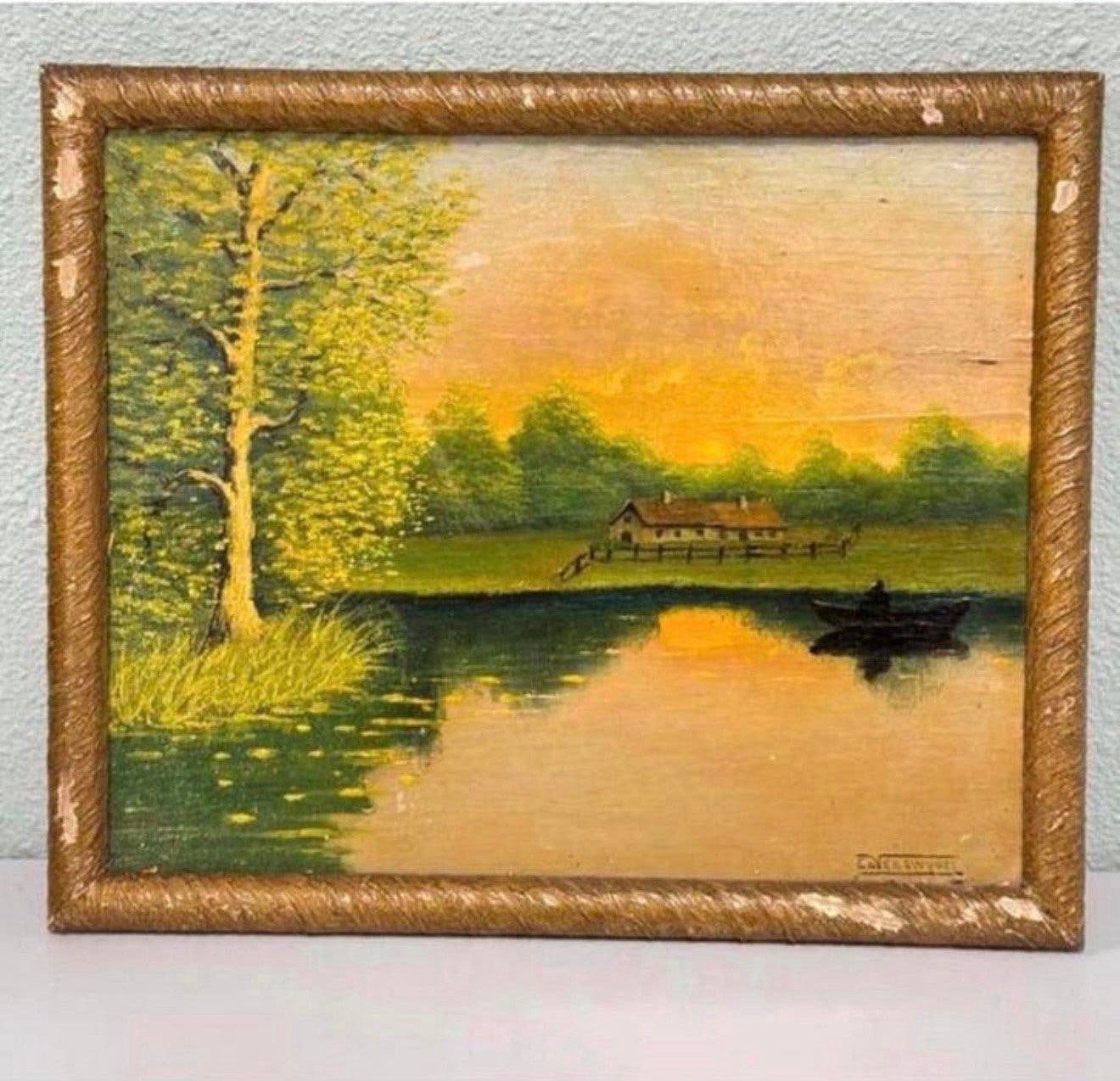 EDVER SWYVEL - Schilderij landschaps scène zonsondergang, Antiek en Kunst, Ophalen of Verzenden, Vintage, Landschap