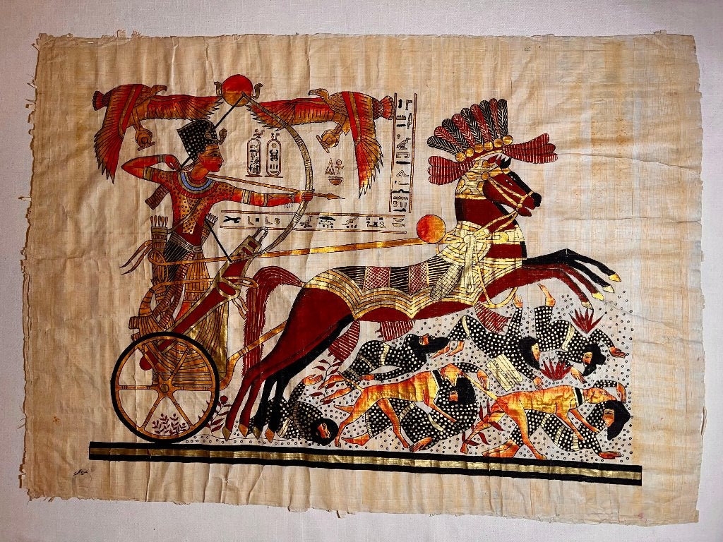 Prachtig groot Egyptisch papyrus schilderij (90 x 64 cm), Enlèvement, Peint à la main