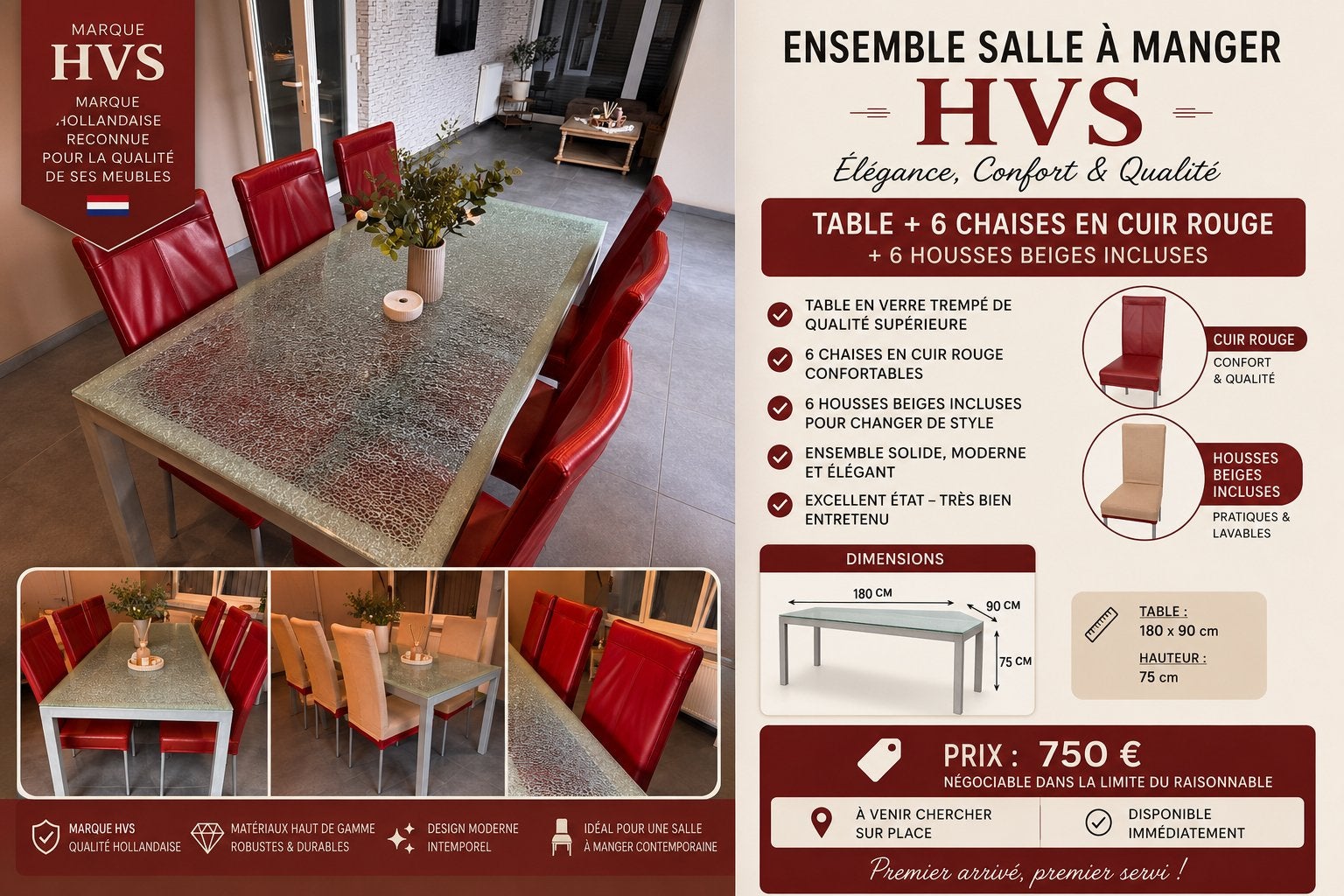 Table de salle à manger HVS + 6 chaises 6 housses, Enlèvement, Comme neuf, Moderne, 8 chaises ou plus