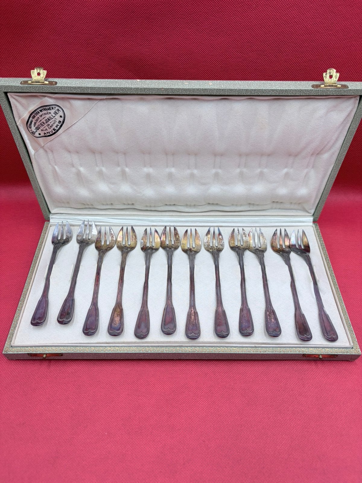 12 fourchettes à huîtres argentées 800 Anvers Box 3 dents, Enlèvement ou Envoi, Argent