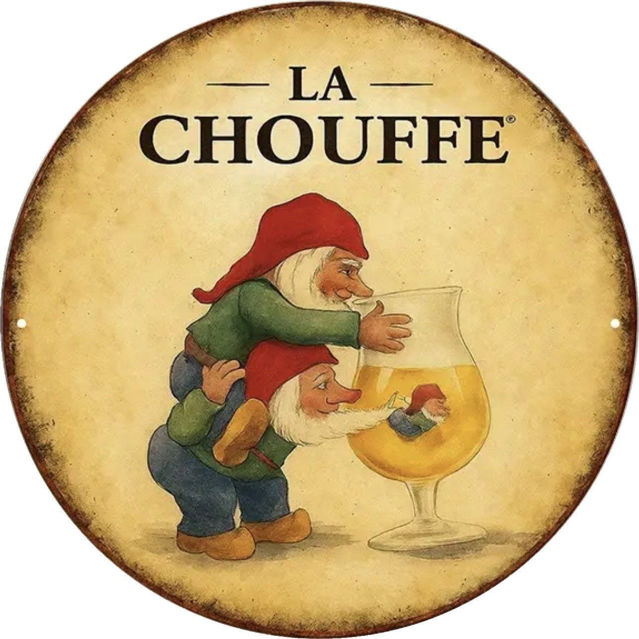Metalen reclamebord La Chouffe rond - retro vintage mancave, Ophalen of Verzenden, Nieuw, Reclamebord, Plaat of Schild, Overige merken