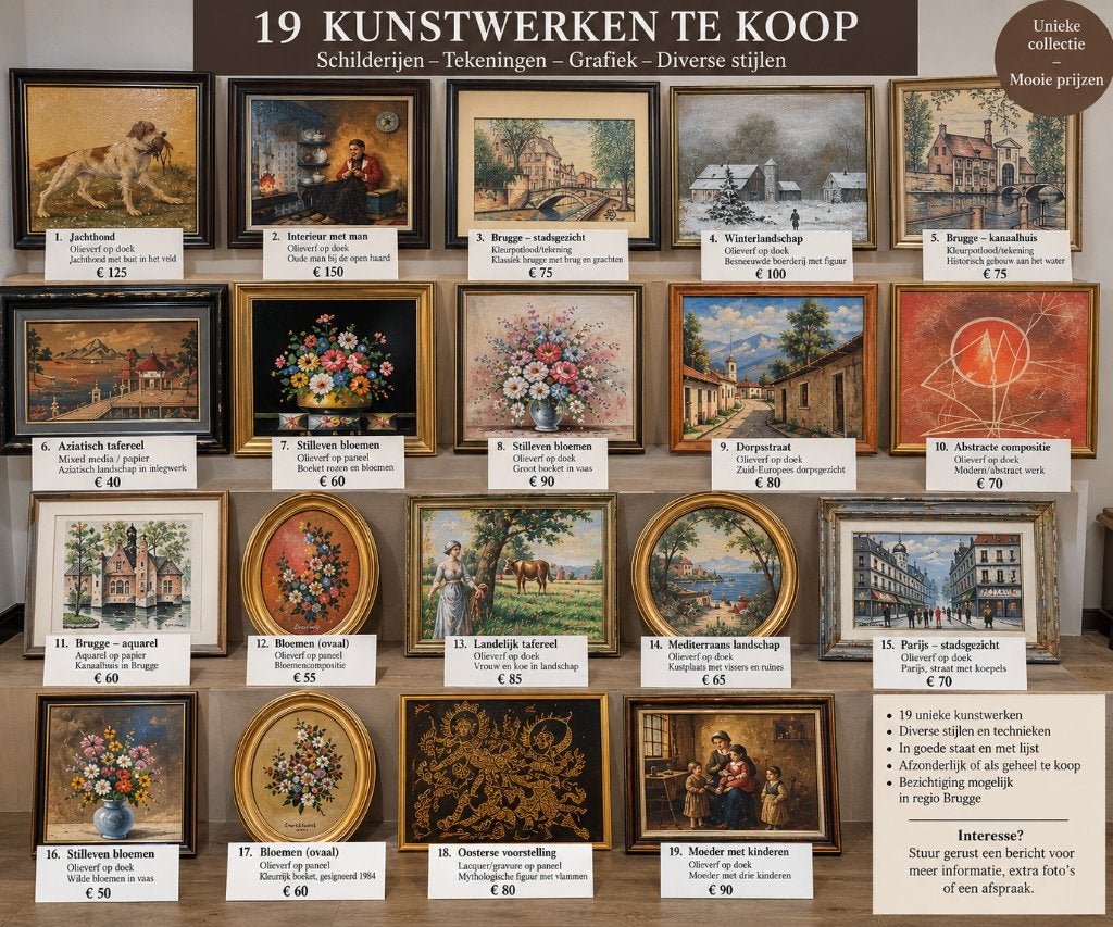 Te koop – collectie van 19 schilderijen & kunstwerken, Œuvre originale, Aquarelle, Paysage, Enlèvement