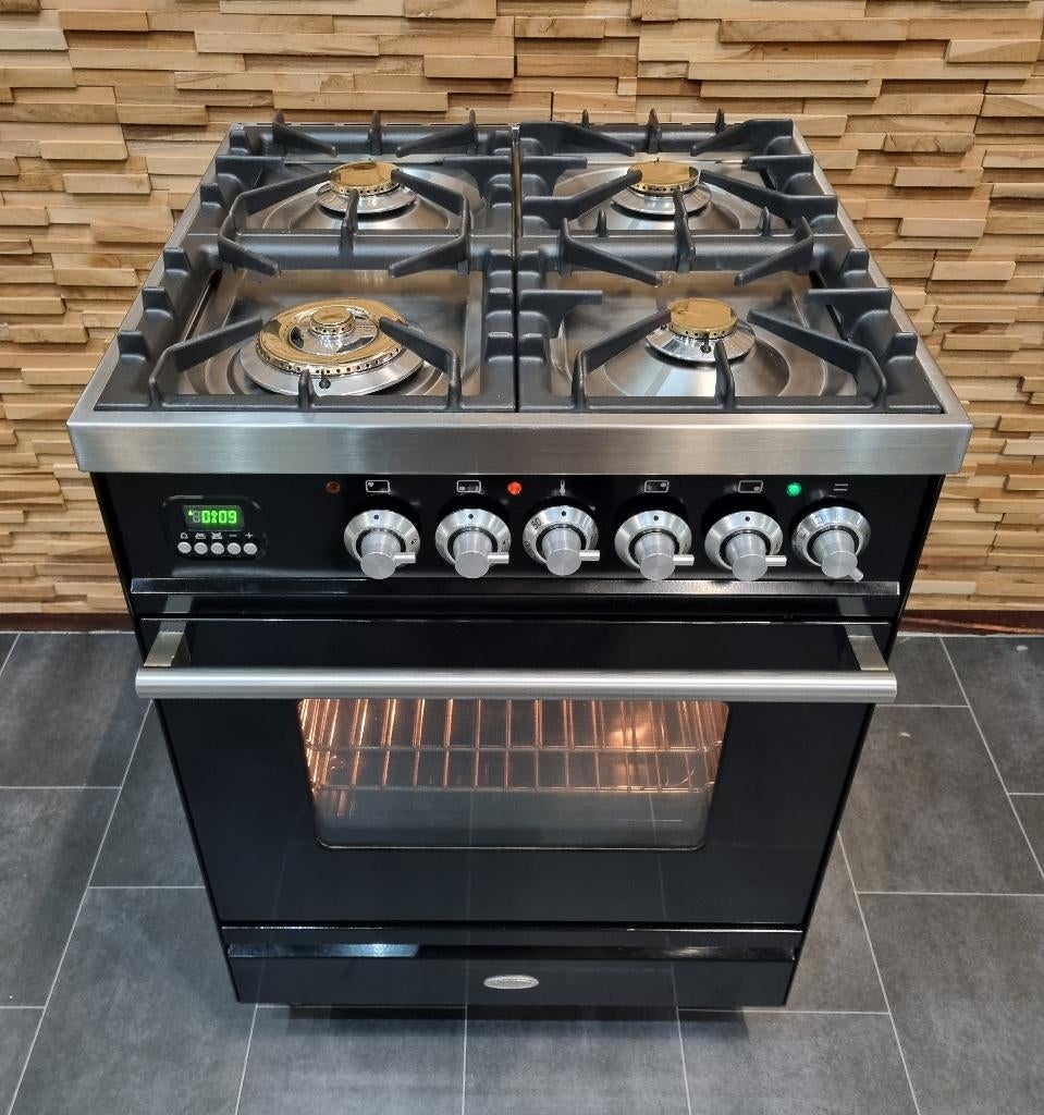 🔥Luxe Boretti Fornuis 60cm hoogglans zwart + rvs 4 pits, Elektronische apparatuur, Fornuizen, Zo goed als nieuw, Vrijstaand, Gas
