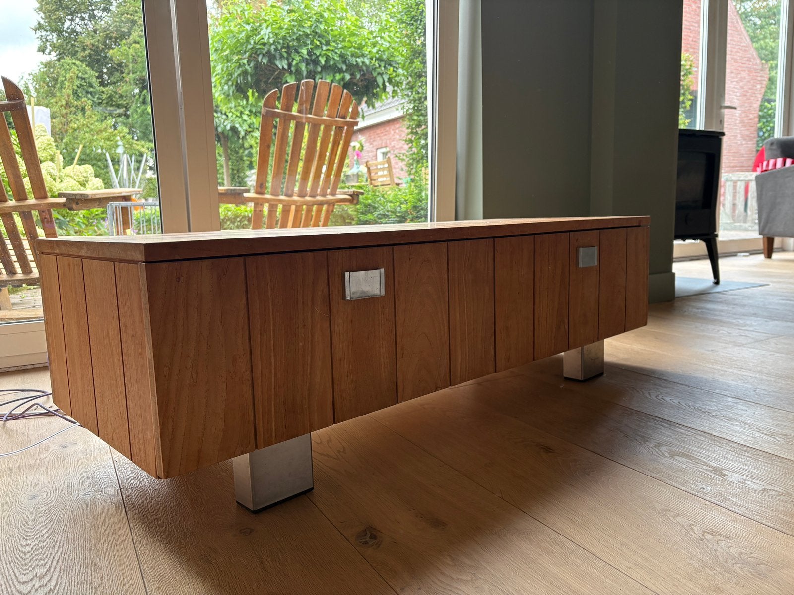 TV meubel teakhout, Ophalen, Gebruikt, 100 tot 150 cm, Teakhout