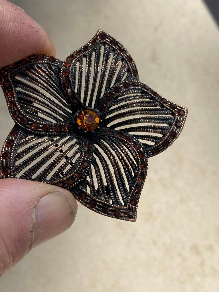 Prachtige Vintage Broche – Koper & Cognac Kristal, Bijoux, Sacs & Beauté, Broches, Enlèvement ou Envoi, Utilisé, Cuivre