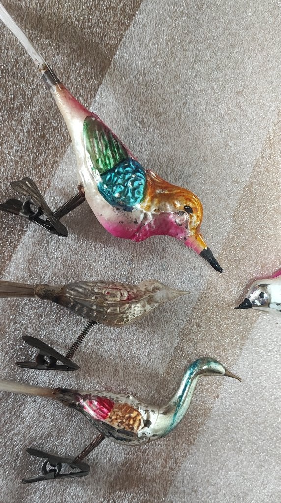 Zeer oude kerst ornamenten 4 glazen vogels op clips, Ophalen of Verzenden, Gebruikt