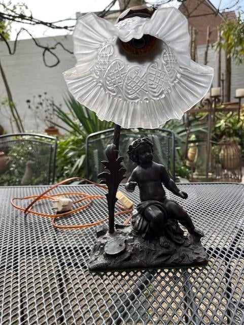 Antieke tafellamp met engel putti, Antiek en Kunst, Ophalen of Verzenden