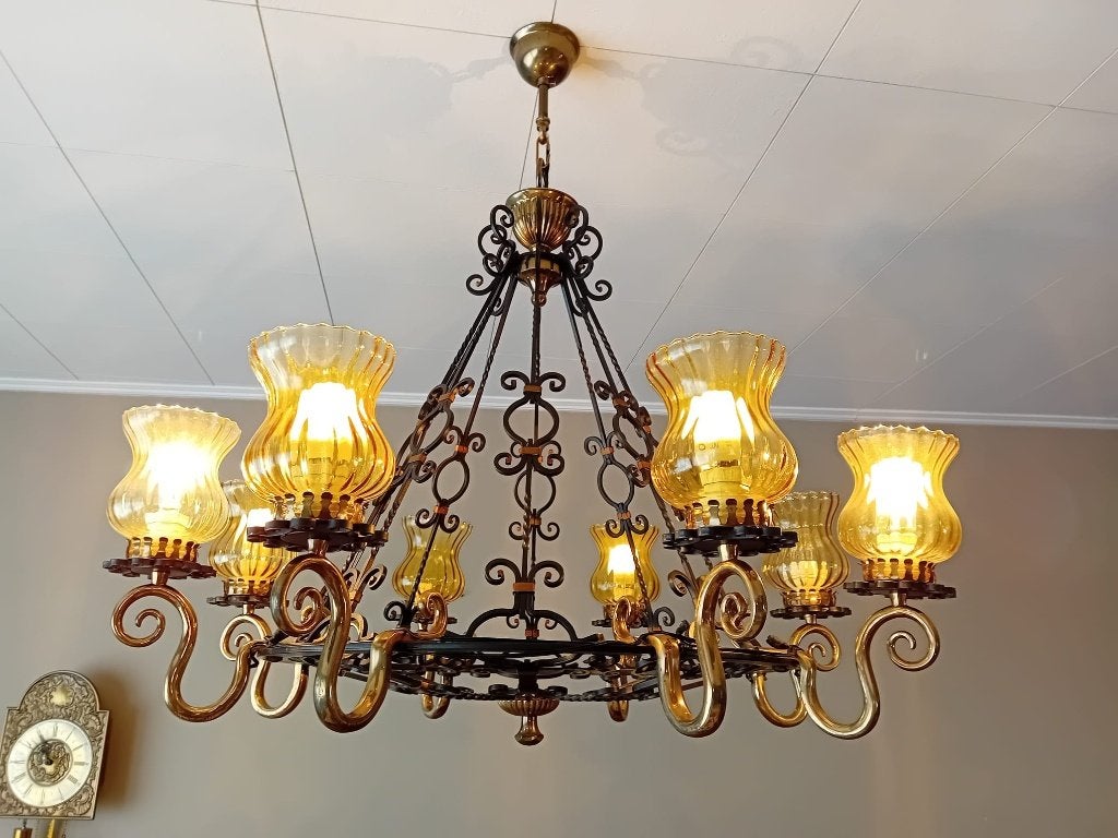 Luster in smeedijzer, Huis en Inrichting, Ophalen, Gebruikt, Glas, Hoevestijl