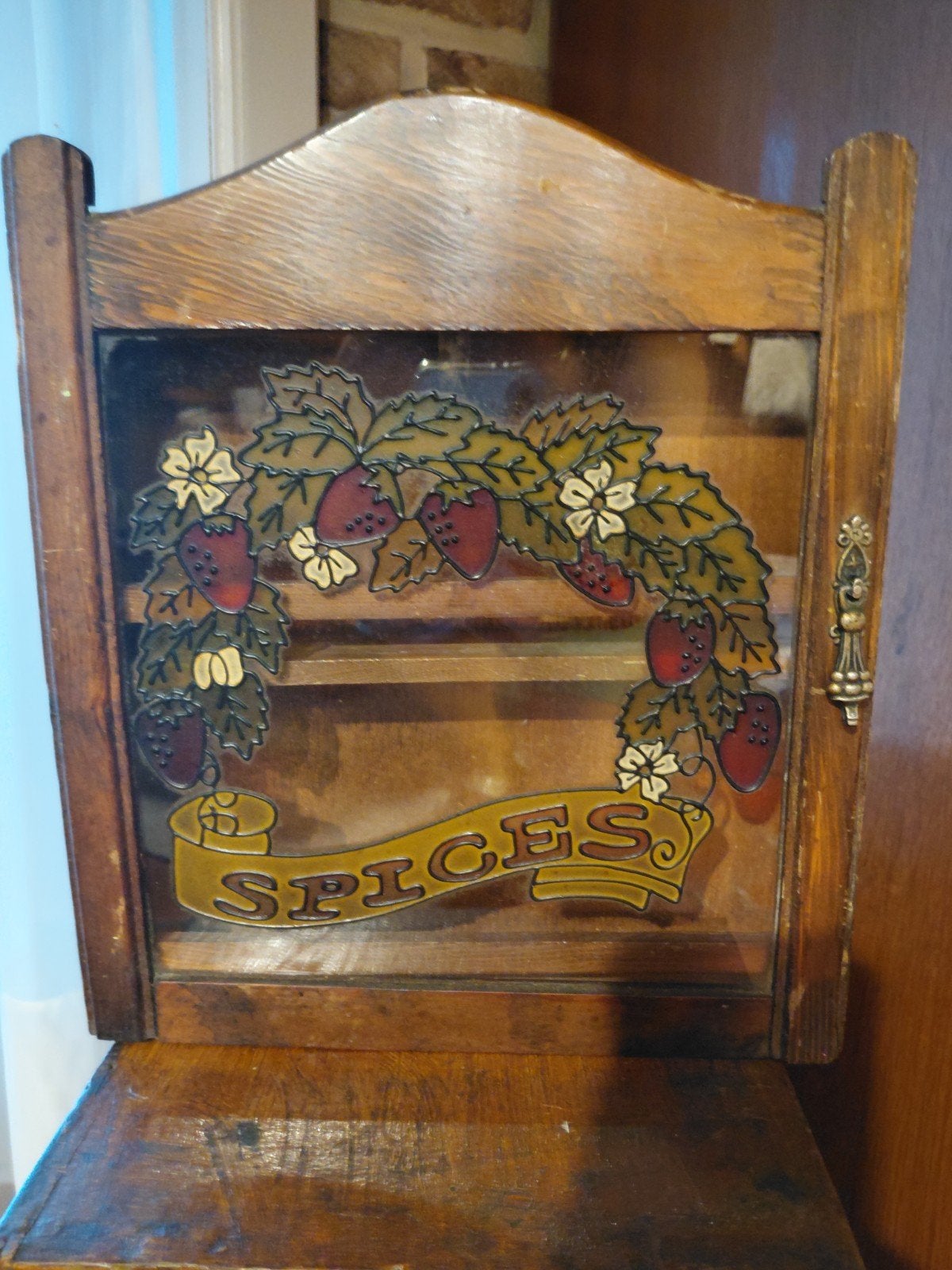 vintage houten kruidenrekje/kastje met glazen deur, Antiek en Kunst, Ophalen of Verzenden