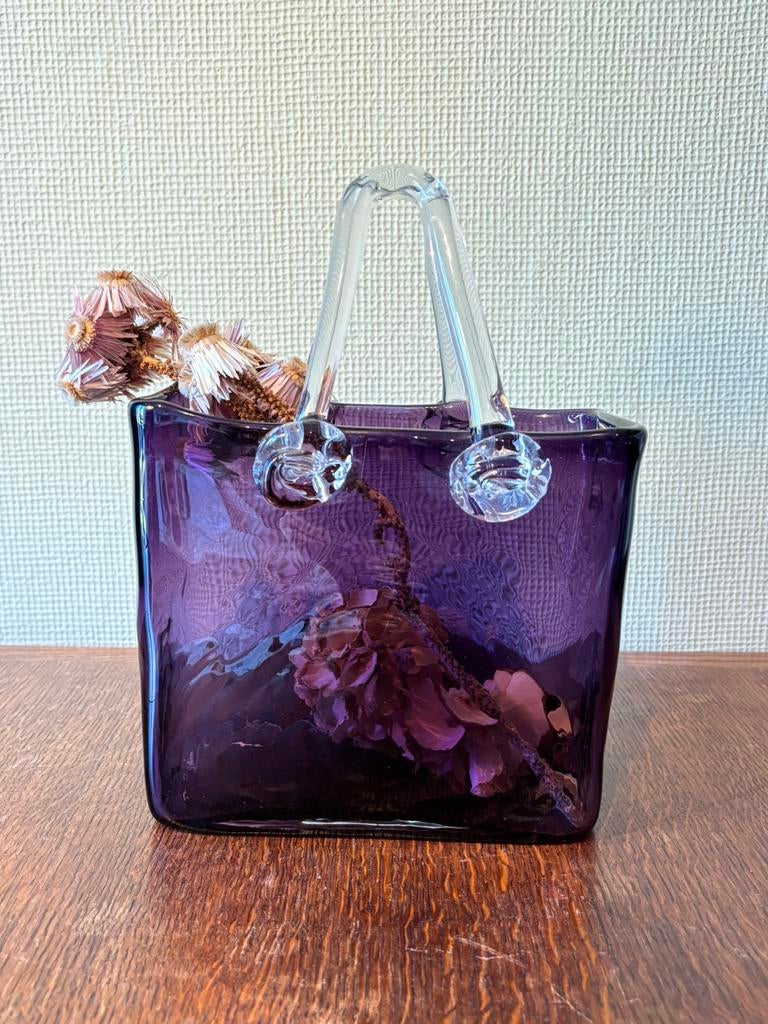 Sac à main/vase en verre violet style panier Style Murano, Enlèvement ou Envoi, Comme neuf, Verre