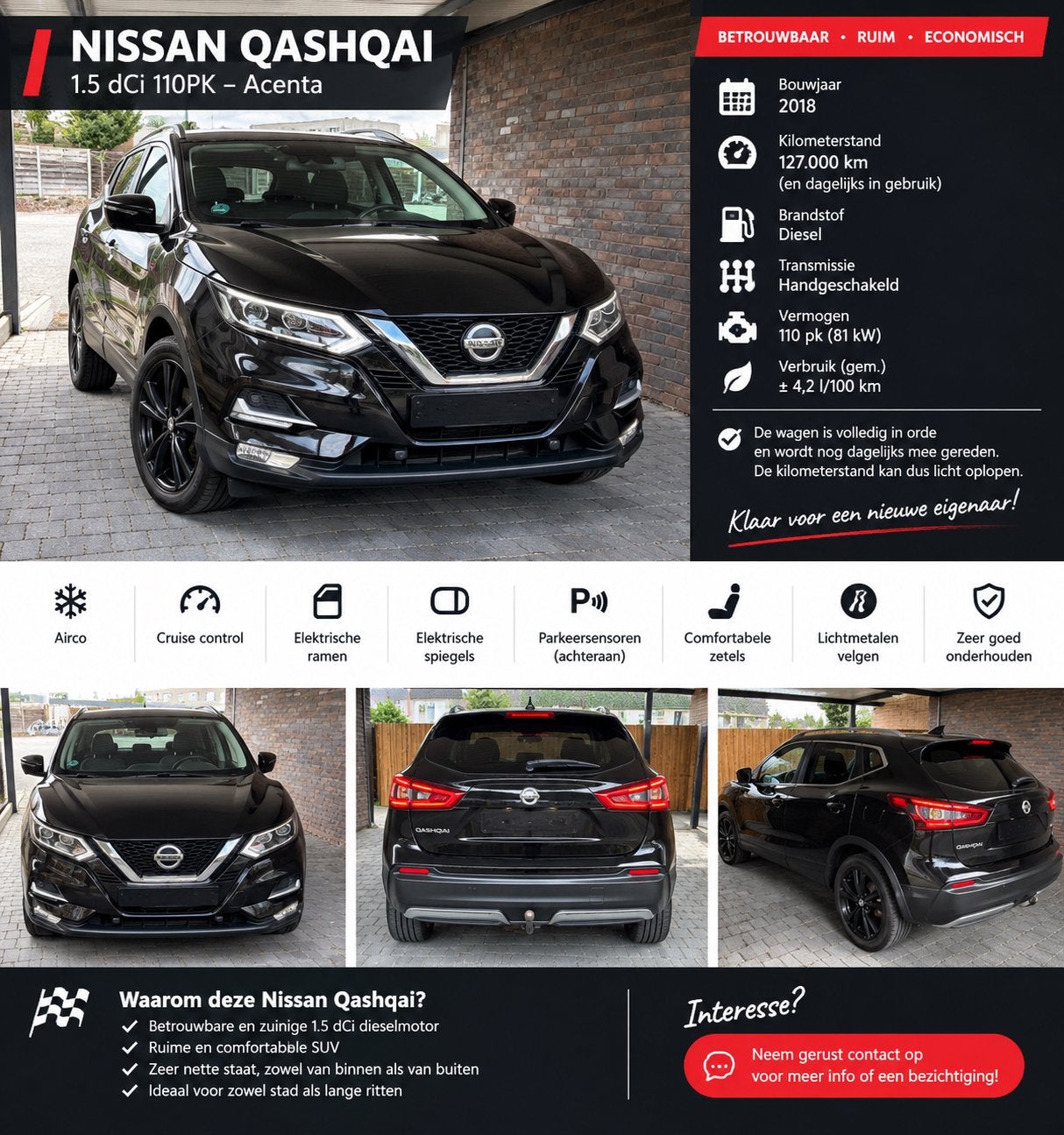 Te koop: Nissan Qashqai 1.5 dCi Acenta – Zwart, Dealer onderhouden, Leder en Stof, Zwart, Bedrijf