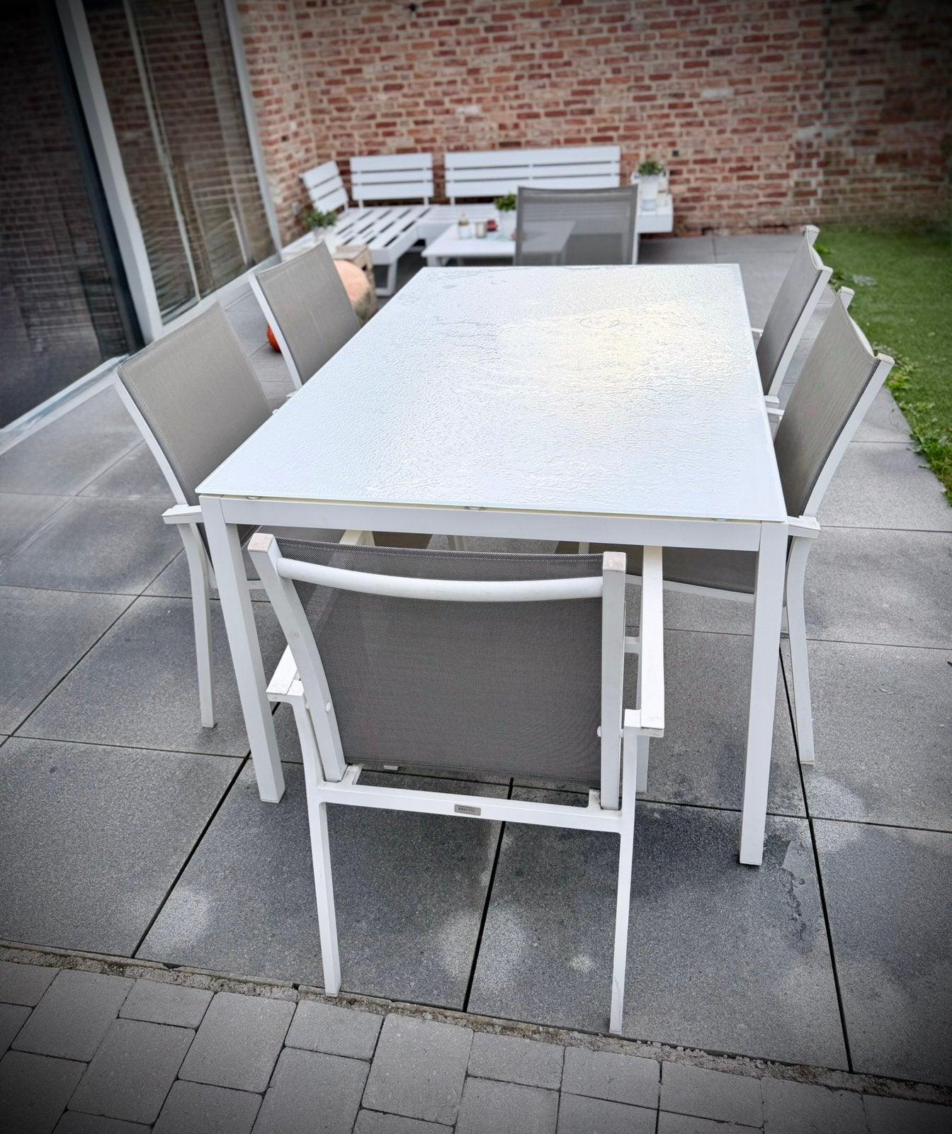 Aluminium tuinset Bristol: Tafel (glasplaat) + 6 stoelen, Enlèvement, Comme neuf, Aluminium, Salons de jardin