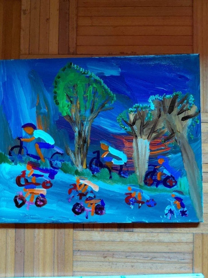 3 schilderijtjes thema "koers", Antiquités & Art, Art | Peinture | Abstraite, Enlèvement ou Envoi