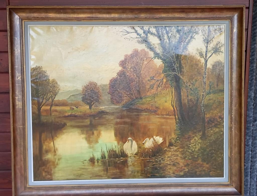 Mooie schilderij met 2 witte zwanen, Antiek en Kunst, Ophalen