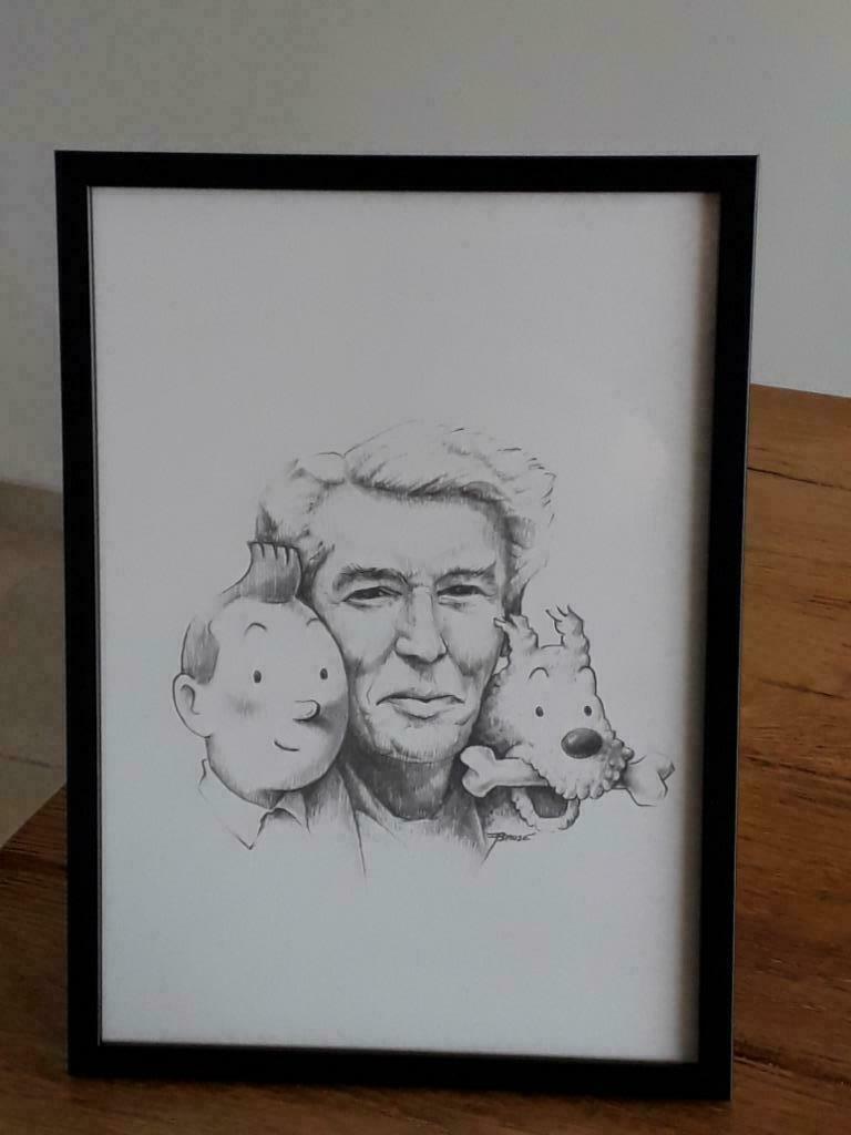 Représentation de Hergé avec tintin et milou par Fernand  Br, Ophalen, Kuifje, Nieuw, Plaatje, Poster of Sticker