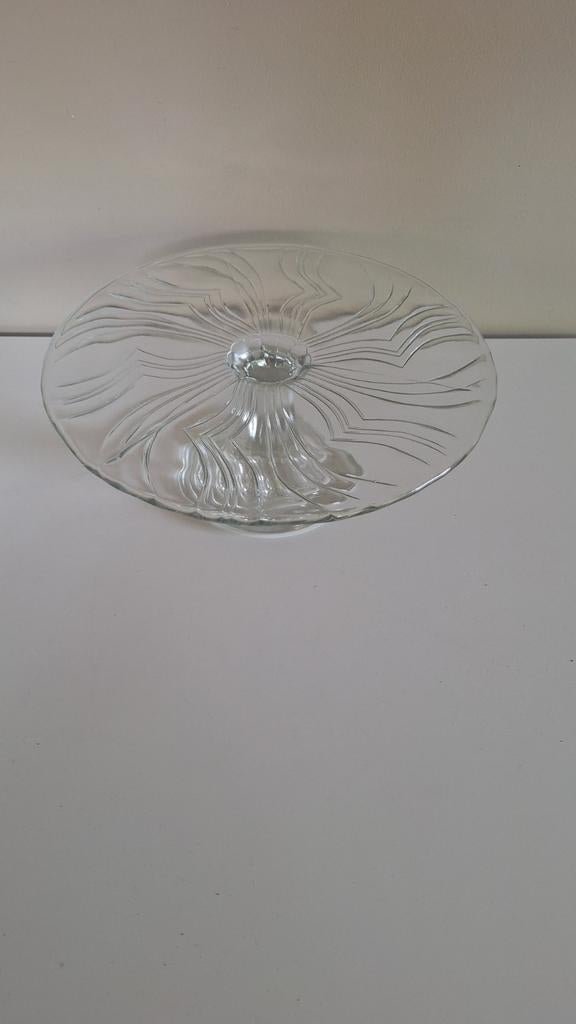 Prachtige vintage taartschotel in persglas met tekening, Ophalen of Verzenden