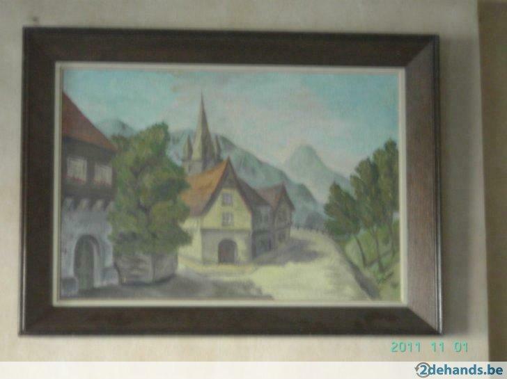 Dorpstraat met kerktoren, Antiek en Kunst, Kunst | Schilderijen | Modern
