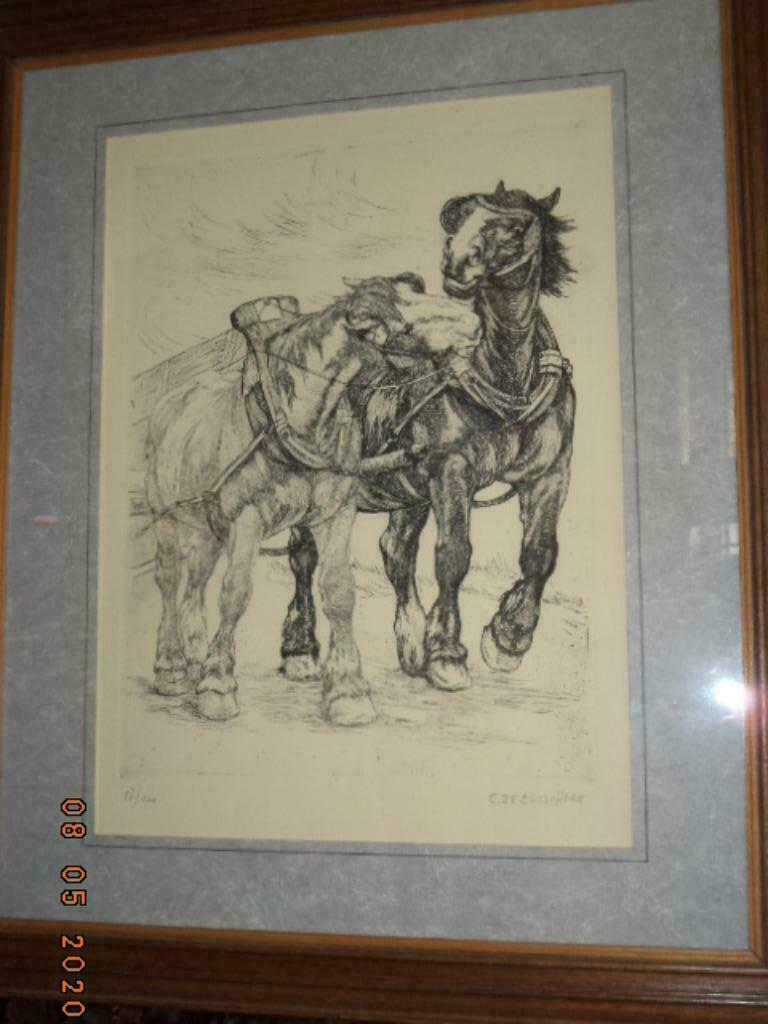 Ets: Constant DE BUSSCHERE: 2 trekpaarden.17/100. Ingeraamd., Antiek en Kunst, Kunst | Etsen en Gravures, Ophalen