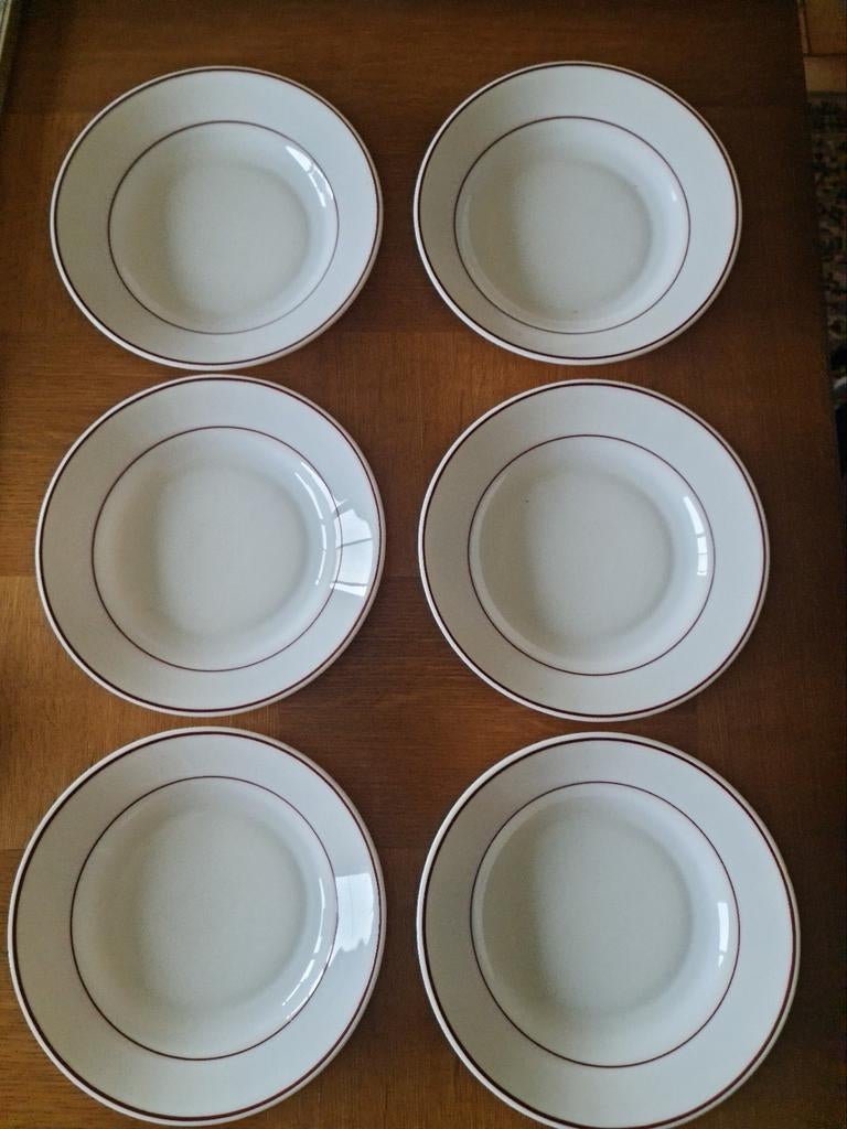 Servies : 6 witte borden  - bruine rand  / acropal - France, Antiek en Kunst, Ophalen of Verzenden