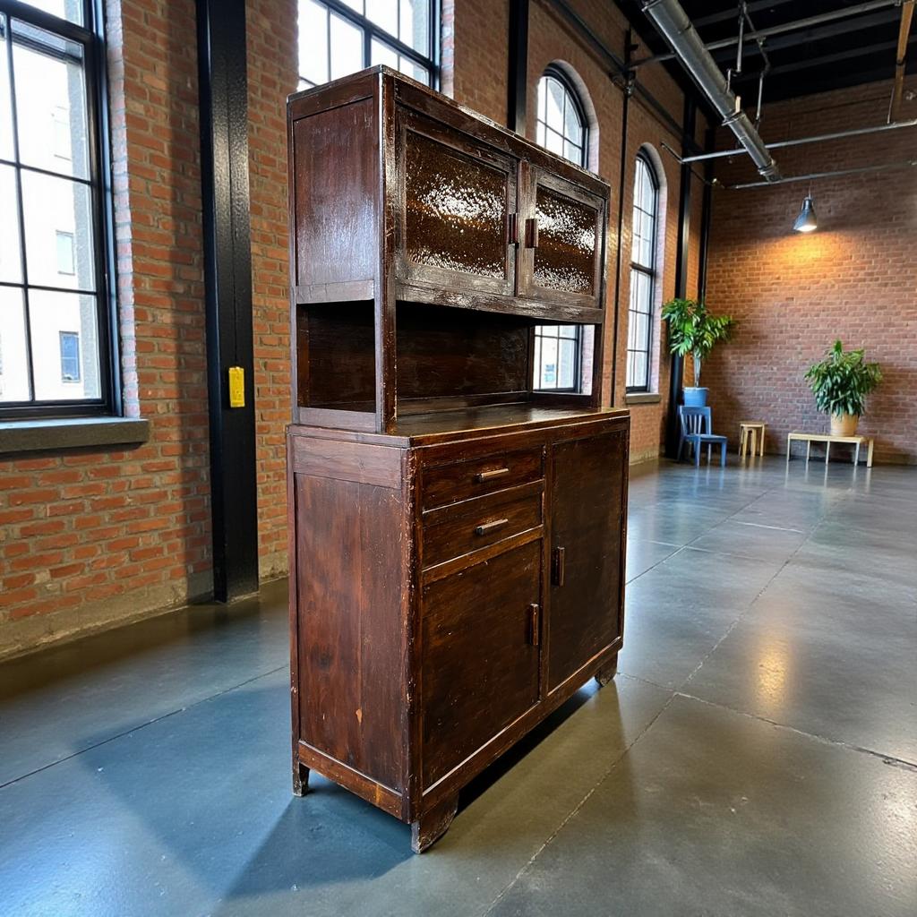 Vintage houten vitrinekast met geel glas, Ophalen of Verzenden, Kast
