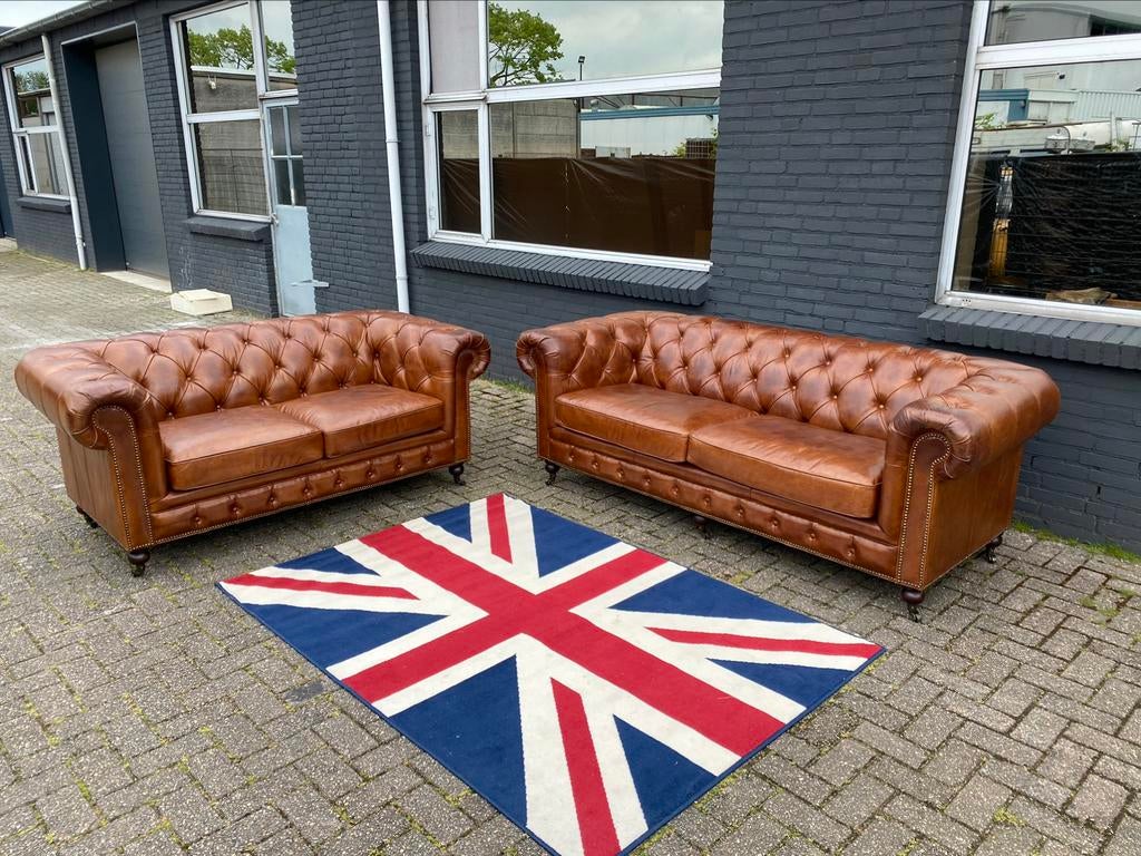 Chesterfield 3+2 zetels vintage cognac GRATIS GELEVERD!, Ophalen of Verzenden