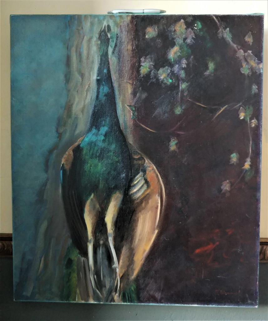 Stilleven pauw - peacock oliedoek ca 1980, Ophalen of Verzenden