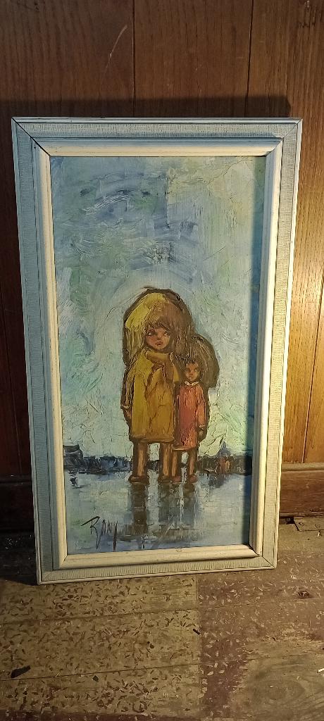 Schilderij op doek gesigneerd Rony-Enfants, 38x68, n296, Ophalen of Verzenden, Vintage, Olieverf, Doek