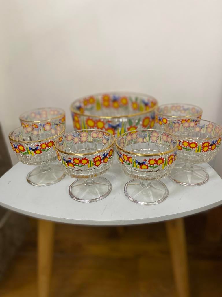 Macedonia Bowl vintage set met fruitschaal en schaal, Ophalen of Verzenden, Zo goed als nieuw, Glas