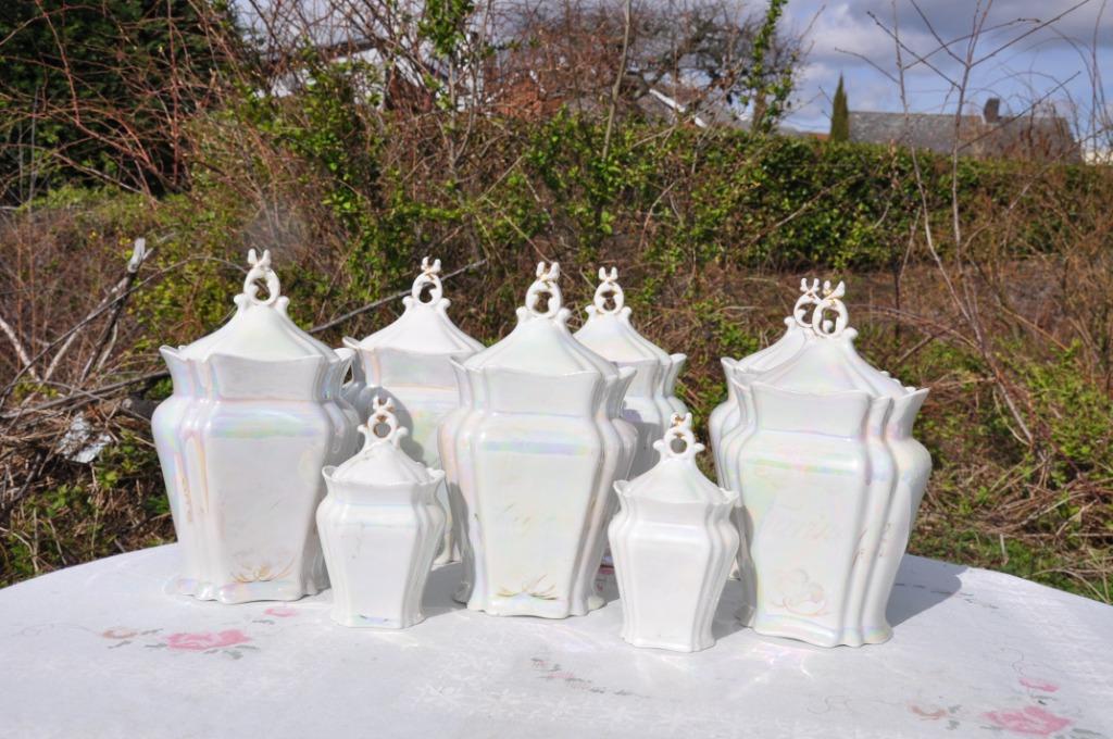 6 grands + 2 petits pots condiment porcelaine irisée, Enlèvement ou Envoi