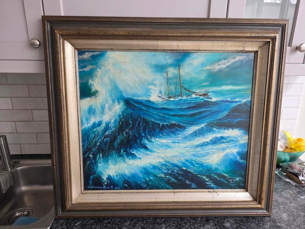 Origineel olieverfschilderij – Maritiem zeezicht met schip –, Enlèvement ou Envoi