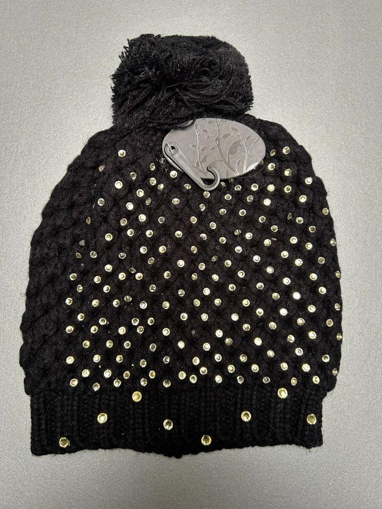 Nieuwe zwarte hoed met pompon en strass-steentjes, Sans marque, Ophalen of Verzenden, Nieuw, Muts