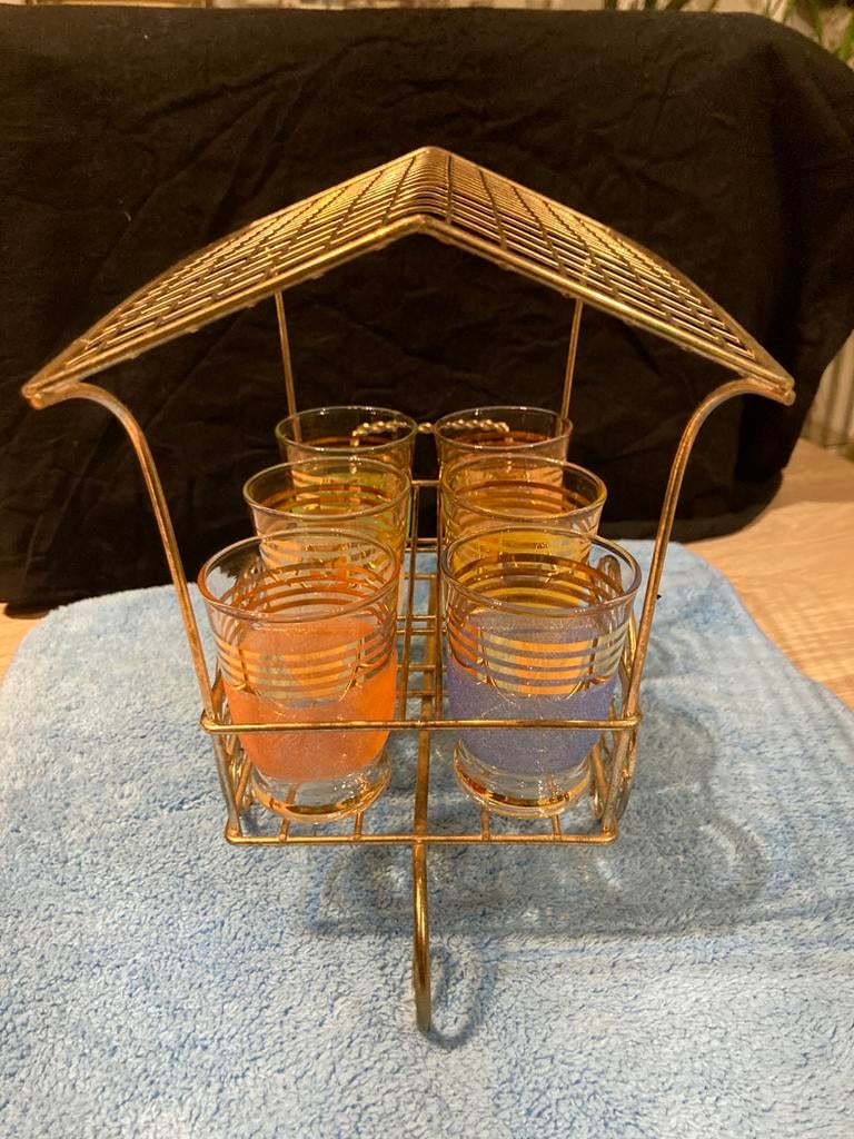 drankcaddy met zes kleurrijke borrelglaasjes (jaren 50/60, Ophalen of Verzenden