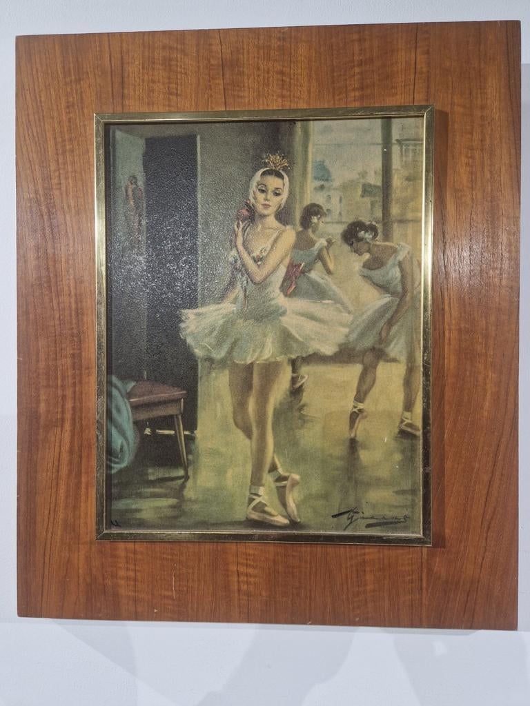 Ballerina danseres in houten mahonie kader , gesigneerd in, Antiek en Kunst, Kunst | Schilderijen | Klassiek, Ophalen of Verzenden