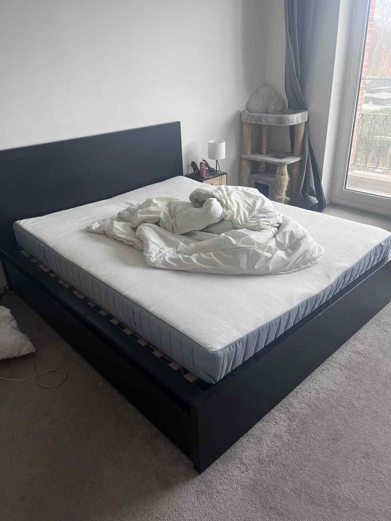 Malm tweepersoonsbed 160x200, Ophalen, Zwart, 200 cm, 160 cm
