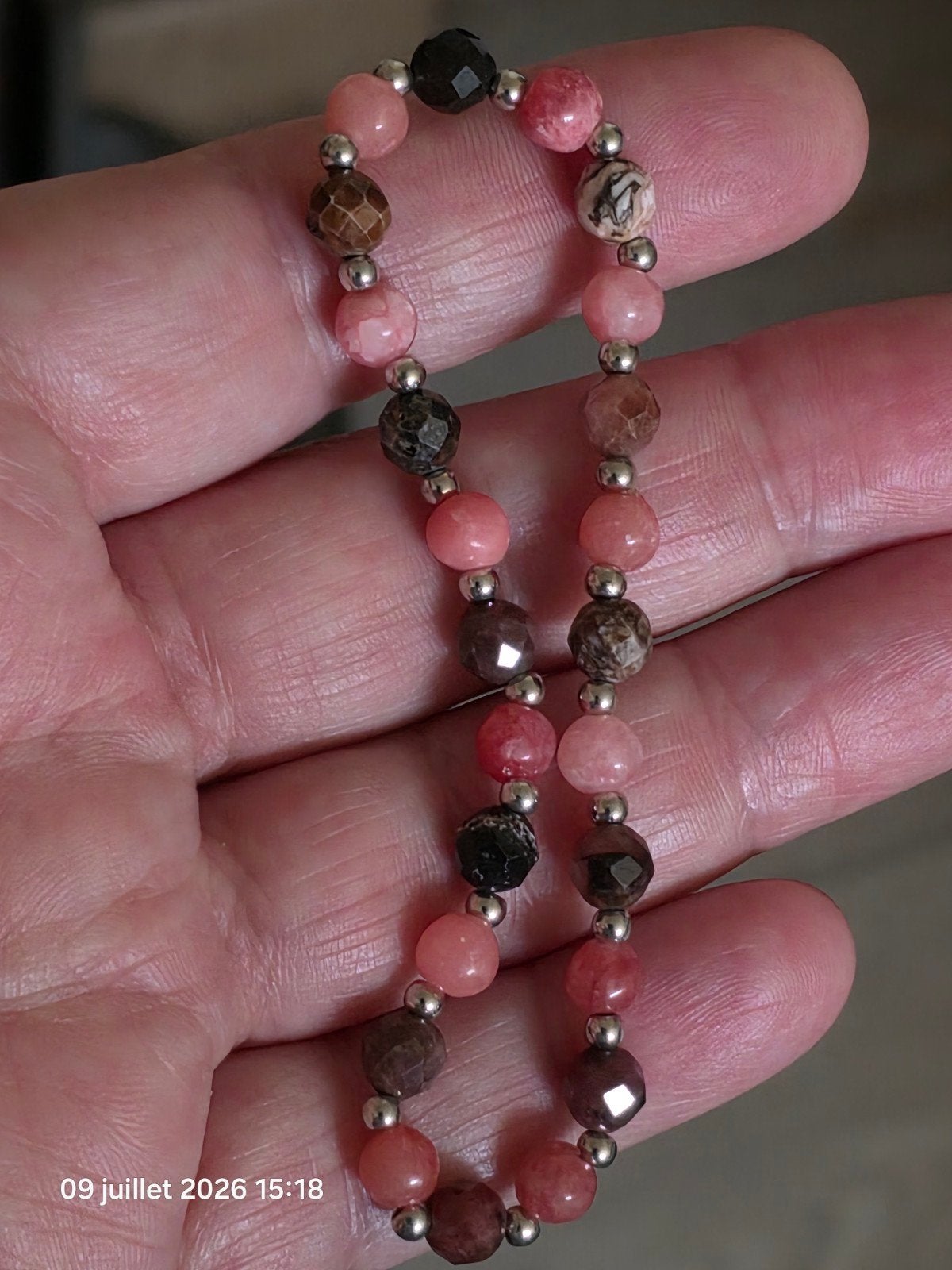 Elastische armband met natuurlijke rhodochrosietkralen, Ophalen, Nieuw, Roze, Met edelsteen