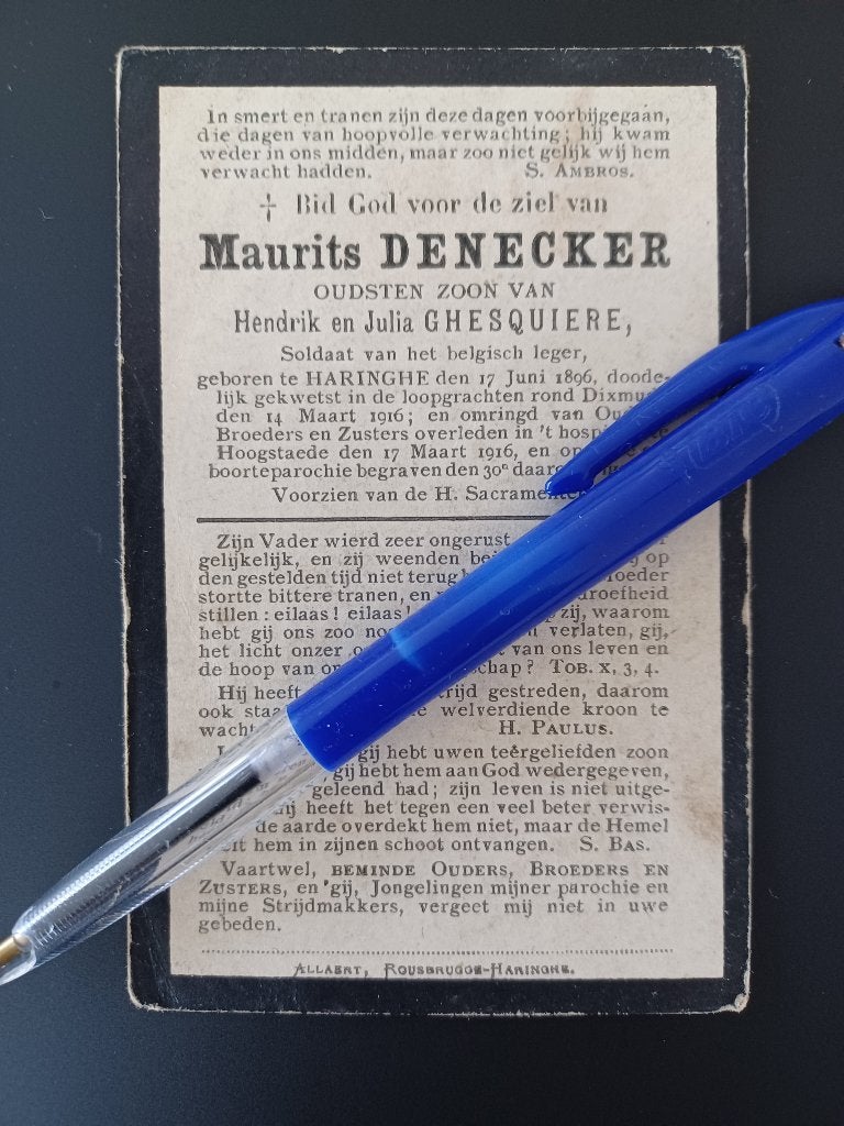 doodsprentje Gesneuvelde soldaat Maurits DENECKER Haringe, Verzamelen, Bidprentjes en Rouwkaarten, Ophalen of Verzenden, Bidprentje